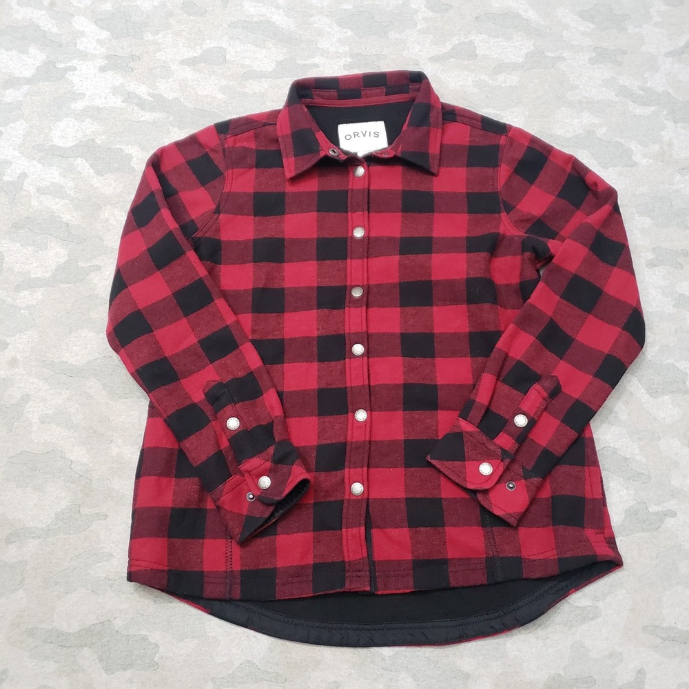 Orvis Top Jacket Women Medium Red Flannel Snap Buffalo Plaid Fleece Lined